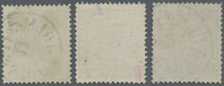 1858 9 øre violet, three used singles with different datestamps, one ...