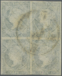 1858 1r. greenish blue BLOCK OF FOUR, cancelled by one strike of ...