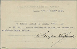 1917, Lager FUKUOKA, vorgedruckte Bestätigungskarte für den Erhalt ...