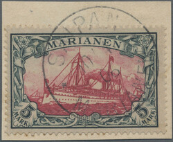 1901, 5 Mark Kaiseryacht im Querformat auf kleinem Briefstück, ...