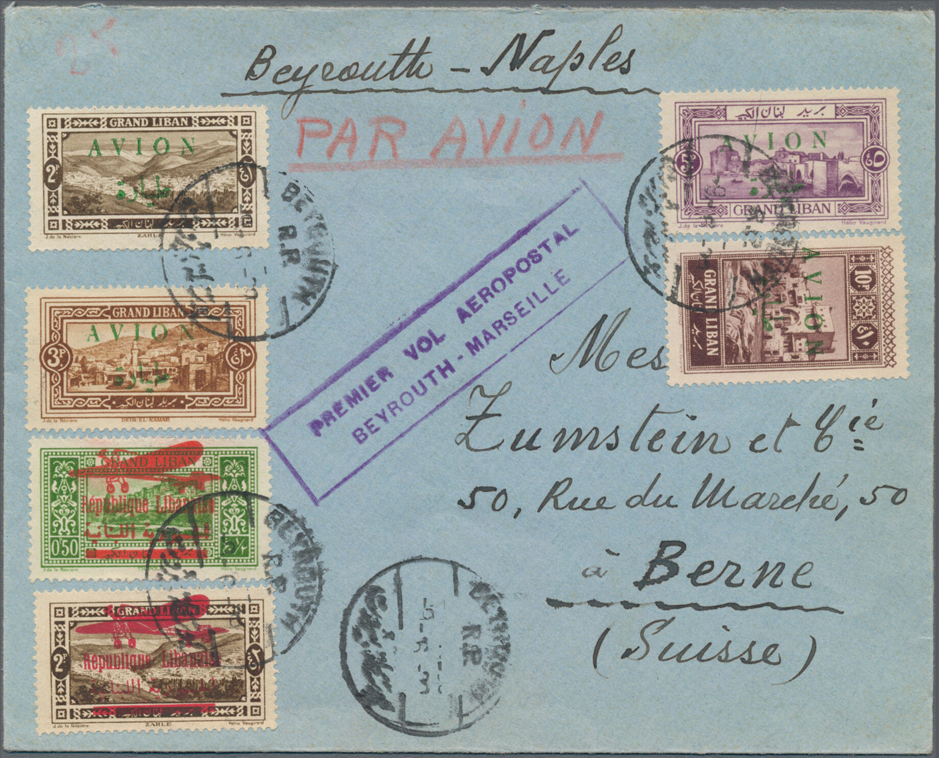 1929, Airmail surcharges "AVION", complete set in combination with ...