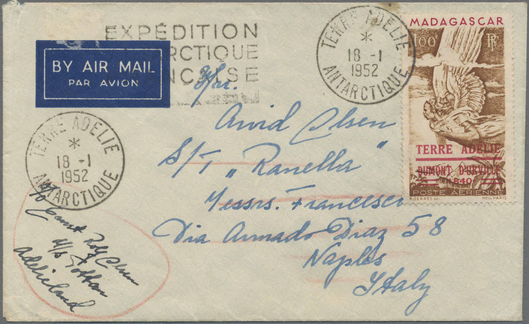 1948, TAAF, Airmail 100fr. "Icarus" on airmail cover from "TERRE ...