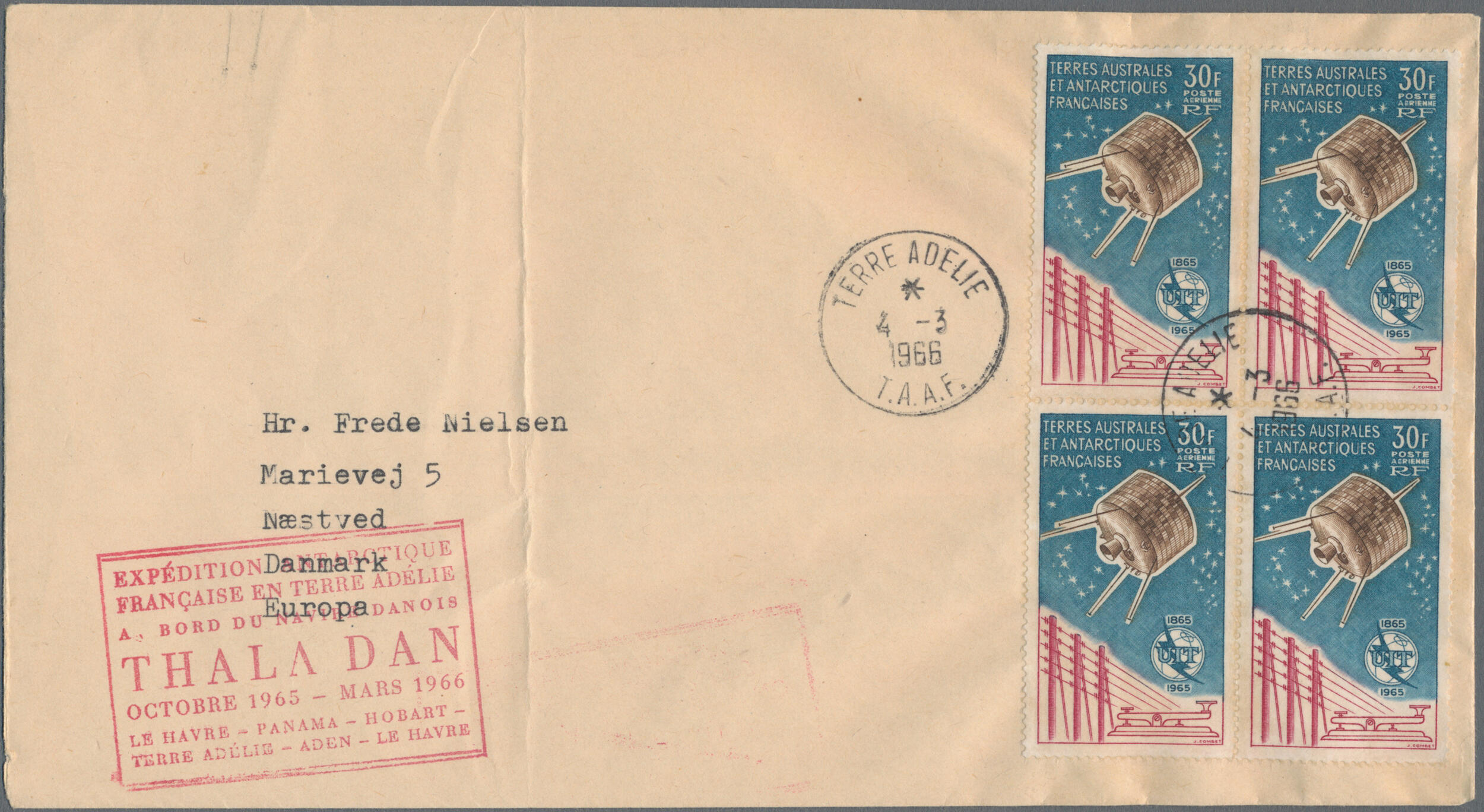 1965, TAAF, 30fr. ITU block of four on cover (vertical crease) from ...