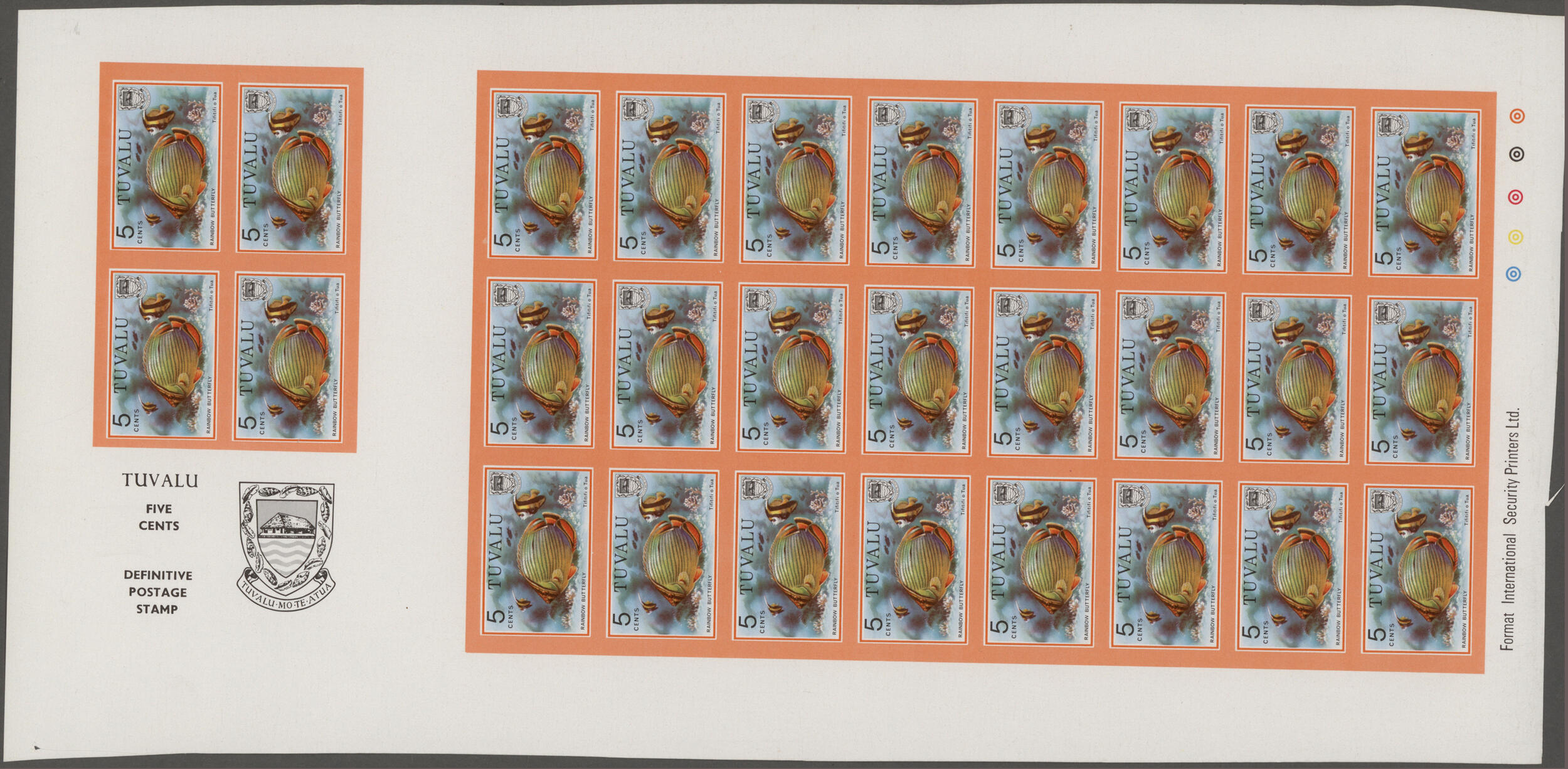 1979, Tuvalu, 5c. Rainbow Butterfly (Chaetodon trifasciatus), eight ...