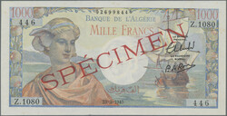 1000 Francs 23.3.1945, SPECIMEN, P. 96s, small stains and small ...