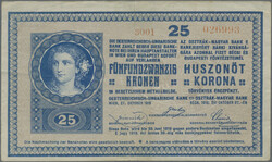 25 Korona 27.10.1918, added 10 Korona 2.1.1915 (Hungarian stamp ...