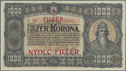 Ministry of Finance, 8 Filler, 80 Filler (1925), overprinted on 1000 ...