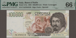100000 Lire 1994, both variants (P.117a and b), and both PMG 66 EPQ, ...