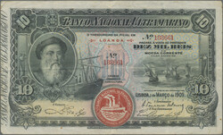 10 Milreis 1.3.1909, P. 34, F/VF, stains  Automatically generated ...