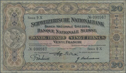 20 Franken 29.9.1927, P. 33 e, small centre hole, F-VF