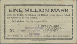 Schwiebus, Herm. Nandico, 1 Million Mark, 23.8.1923, Scheck auf ...