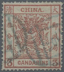 1878, large dragon thin paper 3 Ca. red, canc. blue seal Peking ...