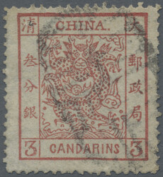 1882, large dragon wide margins 3 Ca. red, canc. large oval in seal ...