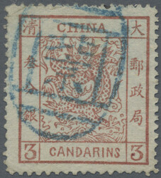 1882, large dragon wide margins 3 Ca. brownish red, canc. blue seal ...