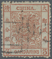 1883, large dragon thick paper 3 Ca. red with broken frame line top ...
