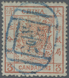 1883, large dragon thick paper 3 Ca. red, canc. full strike blue seal ...