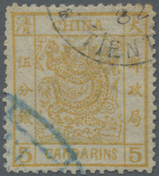 1878, large dragon thin paper 5 Ca. yellow, used blue seal and part ...