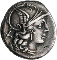 AR-Denar, 3,75 g. Romakopf mit Flügelhelm nach rechts, dahinter ...