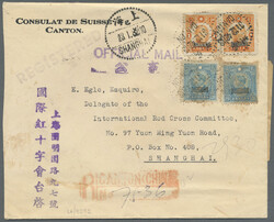 1942, 1st issue 1 C. (pair), 20 C. (2) tied "CANTON 31.12.42" to ...