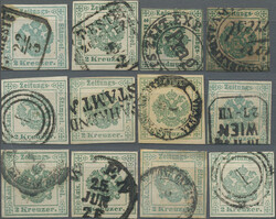 1853-1855, 2 Kr., Zusammenstellung von 12 Exemplaren, spezialisiert ...