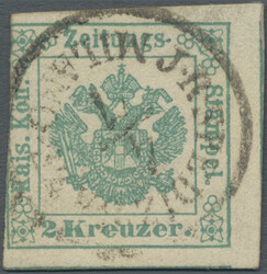 1853, 2 Kr. grün, Bogenmitte, Marke mit Teil einer Nachbarmarke zur ...