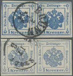 1859, 1 Kr. blau, Type IIa bzw. IIb, zwei waagerechte Paare in stark ...