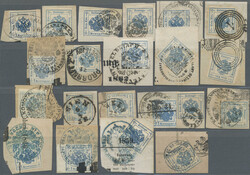 1859, 1 Kr., Lot von 21 Briefstücken, verschiedene Abstempelungen, ...