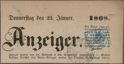 1859, Farbenspiegel, 2 Kr. rot, zwei Farbnuancen auf je einer Zeitung ...