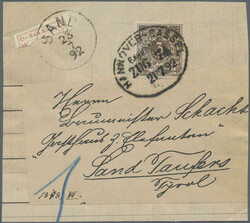 1892, 2 Kr., scheinbare Drittelung zufrankiert auf Schleifenstück ...