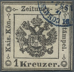 1859, 1 Kr. schwarz, lupenrandig, rechts oben mit kleinem Teilabdruck ...