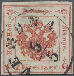 1859, 2 Kr. rot, sog. "Hohldruck", K 1 VERONA, signAutomatically ...