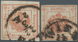 1859, 2 Kr. rot, zwei Exemplare, noch voll- bis breitrandig, je mit ...