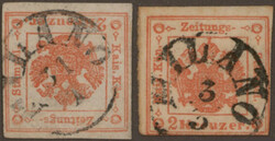 1859, 2 Kr., zwei Exemplare, eines rechts berührt, je mit K 1 MILANO ...