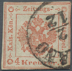 1859, 4 Kr. rot, schmalrandig, mit seltenem Lombardei Stempel K 1 ...