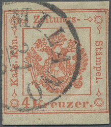 1859, 4 Kr. rot, rechts berührt, mit seltenem Lombardei Stempel K 1 ...
