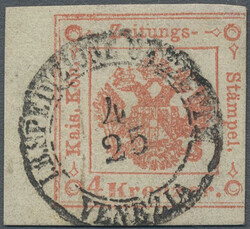 1859, 4 Kr. rot, rechts angeschnitten, links mit Bogenrand, ...