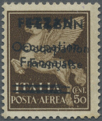 1943 Air 50c. brown with overprint "FEZZAN/Occupation/Francaise", ...