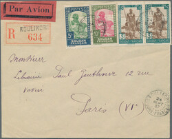 1931, Definitives, 5c. blue/green, 10c. olive/rose and two copies 3fr ...