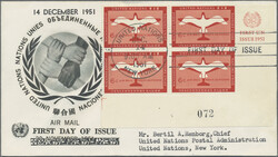 1951, Definitives+Airmails, complete set in plate blocks of four with ...