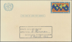 1963, 4¢ postal card, approved color and die proof with signed hand ...