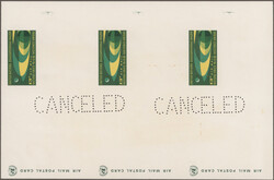 1968, 13¢ international airmail postcard, 3-card die proof with ...