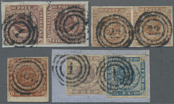 1851-57 Group of seven used stamps, i.e. two pairs 4 R.B.S. (one on ...