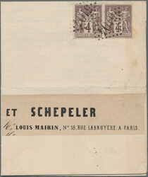 1879, Sage 4c. violet-brown, horizontal pair with two clear strikes ...