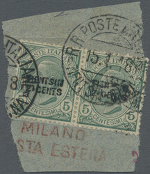 1917 "TIENTSIN/2 CENTS" on 5c. green, horizontal pair tied by "R.R. ...