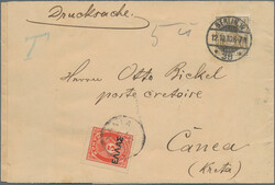 1910, 5lep. red with postmark "XANIA" on incoming printed matter ...