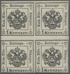 1859, 1 Kr schwarz Zeitungsstempelmarke im Viererblock, am Oberrand ...