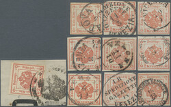 1859, 2 Kr rot Zeitungsstempelmarke, Partie mit 10 ausgewählten ...
