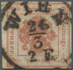 1859, 2 Kr rot Zeitungsstempelmarke, allseits vollrandig, in ...