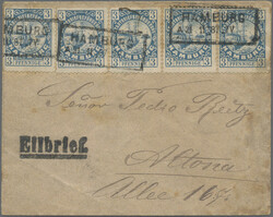 1887, HAMBURG/Stadtbriefbeförderung, 5x 3 Pfge. blau Segelschiff auf ...