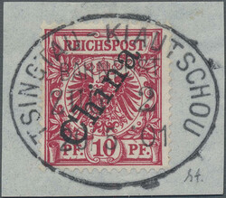 1901, 10 Pf. Reichspost mit steilem Aufdruck lilarot, hellzinnober ...